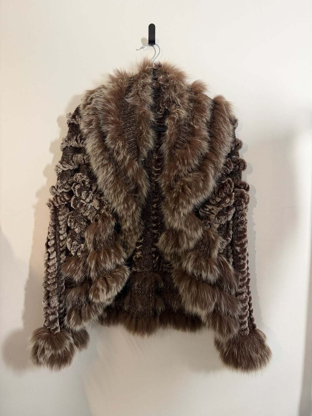 Neiman Marcus Vintage Y2K Women's Brown Knit Bolero Penny Lane Jacket with Fur T